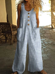 Striped Sleeveless Button-Front Wide Leg Jumpsuit with Pockets