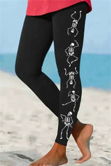 Women's Halloween Black Skeleton Print Elastic Waist Ankle Length Leggings