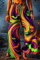 Women's Halloween Multi Swirl Skull Bat Print Elastic Waist Maxi Pants