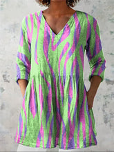 Women's Vintage Colorblock Striped Art Print Casual V-Neck 3/4 Sleeve Shirt