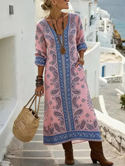 Pink Paisley Print V-neck Long Sleeve Midi Dress