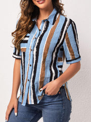 Colorful Stripe Print Shirt Collar Short Sleeve Pocket Casual Shirt