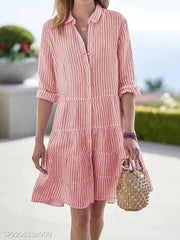 Striped Shawl Collar A-Line Midi Shirt Dress