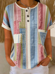 Color Block Geometric Striped Short Sleeve Button Top