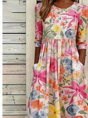 Floral Crew Neck Half Sleeve A-Line Maxi Dress