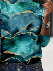 Abstract Marble Print Crew Neck Long Sleeve Casual Tee