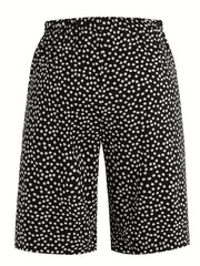 Polka Dot Floral Drawstring Waist Straight Capri Pants