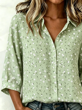 Vintage Floral Shawl Collar Half Sleeve Linen Blend Blouse