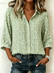 Vintage Floral Shawl Collar Half Sleeve Linen Blend Blouse