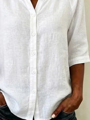 Plain Crew Neck Half Sleeve Button Down Loose Casual Blouse