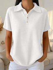 Solid Waffle Shirt Collar Half Placket Short Sleeve Loose Polo T-Shirt