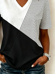 Color Block Striped Geometric V Neck Short Sleeve Loose Jersey T-Shirt