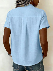 Plain Asymmetric Diagonal Button Stand Collar Short Sleeve Loose Linen Blend Shirt
