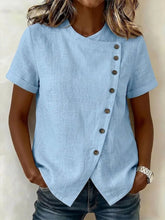 Plain Asymmetric Diagonal Button Stand Collar Short Sleeve Loose Linen Blend Shirt