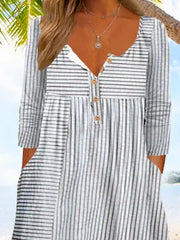 Vertical Stripe Half Open Collar Long Sleeve Loose A-Line Plus Size Midi Dress