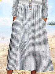 Vertical Stripe Half Open Collar Long Sleeve Loose A-Line Plus Size Midi Dress