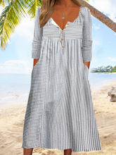 Vertical Stripe Half Open Collar Long Sleeve Loose A-Line Plus Size Midi Dress