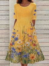Floral Print Round Neck Half Sleeve Loose High Waist A-Line Cotton Blend Maxi Dress