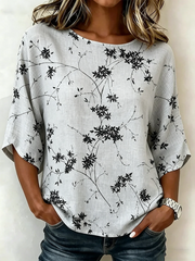 Botanical Leaf Print Crew Neck Half Sleeve Loose A-Line Linen Rayon Blend Vintage Blouse