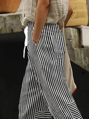 Vertical Stripe Natural Waist Loose H-Line Baggy Long Polyester Casual Pants