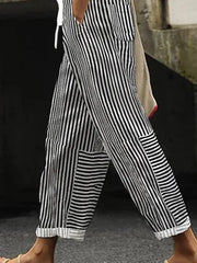 Vertical Stripe Natural Waist Loose H-Line Baggy Long Polyester Casual Pants