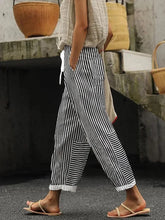 Vertical Stripe Natural Waist Loose H-Line Baggy Long Polyester Casual Pants