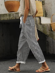 Vertical Stripe Natural Waist Loose H-Line Baggy Long Polyester Casual Pants