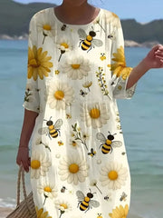 Daisy Bee Floral Print Crew Neck Short Sleeve Regular Fit A-Line Cotton Polyester Maxi Dress