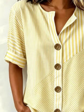 Vertical Stripe Stand Collar Three Quarter Sleeve Loose H-Line Cotton Linen Blend Casual Shirt