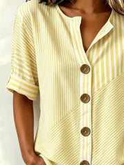 Vertical Stripe Stand Collar Three Quarter Sleeve Loose H-Line Cotton Linen Blend Casual Shirt