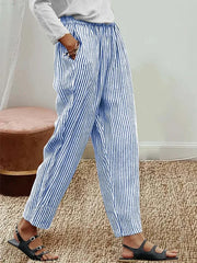 Vertical Stripe Natural Waist Loose H-Line Baggy Long Polyester Casual Pants