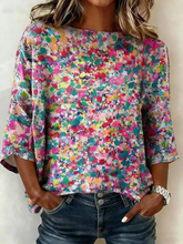 Multicolor Abstract Polka Dot Crew Neck Half Sleeve Loose A-Line Linen Rayon Blend Vintage Elegant Blouse