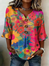 Multicolor Floral Print V Neck Half Flare Sleeve Regular Fit H-Line Polyester Vintage Casual Blouse