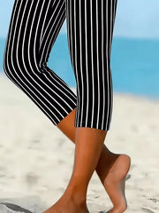 Vertical Stripe Natural Elastic Waist Regular Fit H-Line Capri Rayon Casual Leggings
