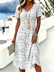Grey White Geometric Leaf Print V Neck Short Sleeve Loose A-Line Midi T-Shirt Dress