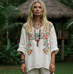 Women Floral Print V Neck Long Sleeve Cotton Linen Blend Loose Casual Mid-Length blouse