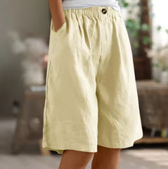 Women Elastic Waist Solid Color Mid-Thigh Linen Casual Comfort Bermuda Shorts With Side Pockets