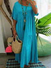Women Asymmetrical Neckline Short Sleeve Solid Cotton Casual Tiered Maxi Dress