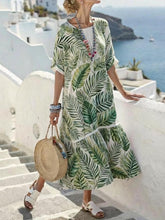 Women Green Botanical Leaf Print Round Neck Short Sleeve Casual Ankle Length Midi Dress