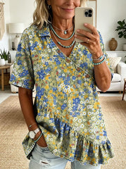 Women Vintage Floral Print Lapel V Neck 3/4 Sleeve Loose Casual Top