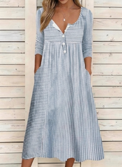 Blue Striped Henley Neck 3/4 Sleeve A-Line Midi Dress With Side Pockets