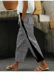 Black Striped H-Line Loose Baggy Casual Long Pants For Spring & Fall