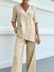 Apricot Plain V Neck Half Sleeve Polyester Two-Piece Summer Set