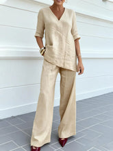Apricot Plain V Neck Half Sleeve Polyester Two-Piece Summer Set