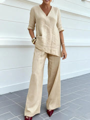 Apricot Plain V Neck Half Sleeve Polyester Two-Piece Summer Set