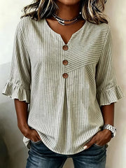 Gray Striped V Neck Half Sleeve Ruffle Cuff Casual Blouse For Women