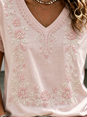 Casual Floral V Neck Short Sleeve T-shirt