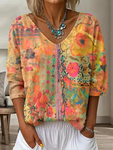 Casual Floral Abstract V Neck Three Quarter Sleeve T-shirt