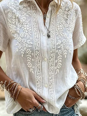 White Floral Embroidery Lapel Loose Short Sleeve Button Down Casual Shirt