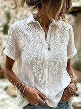 White Floral Embroidery Lapel Loose Short Sleeve Button Down Casual Shirt